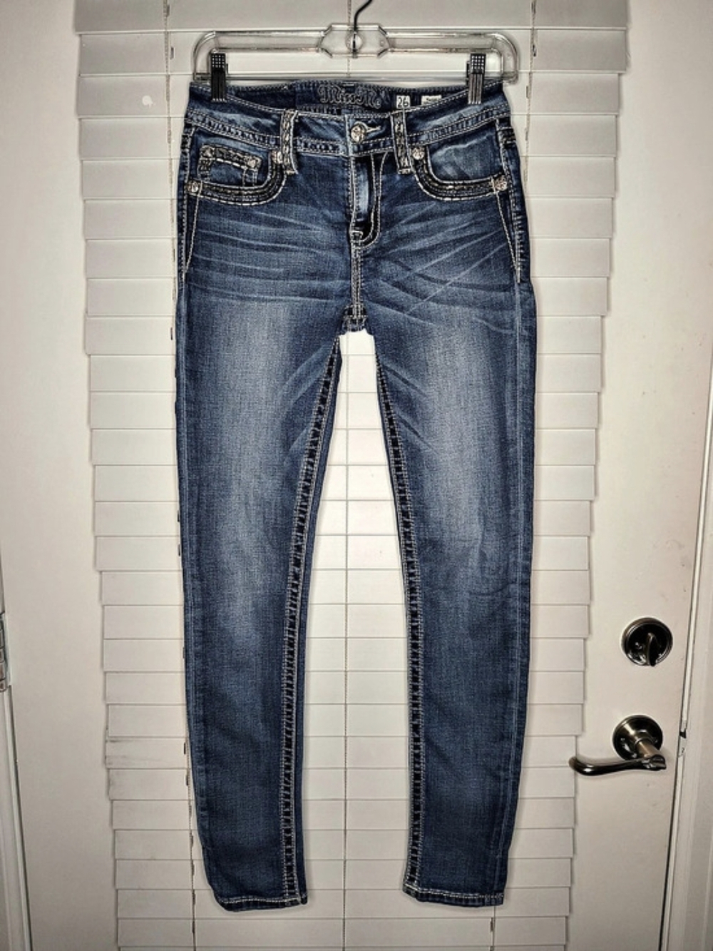 Miss Me Harley Skinny Jeans Womens Size 26 Blue Embellished Thick Stitch Flaples